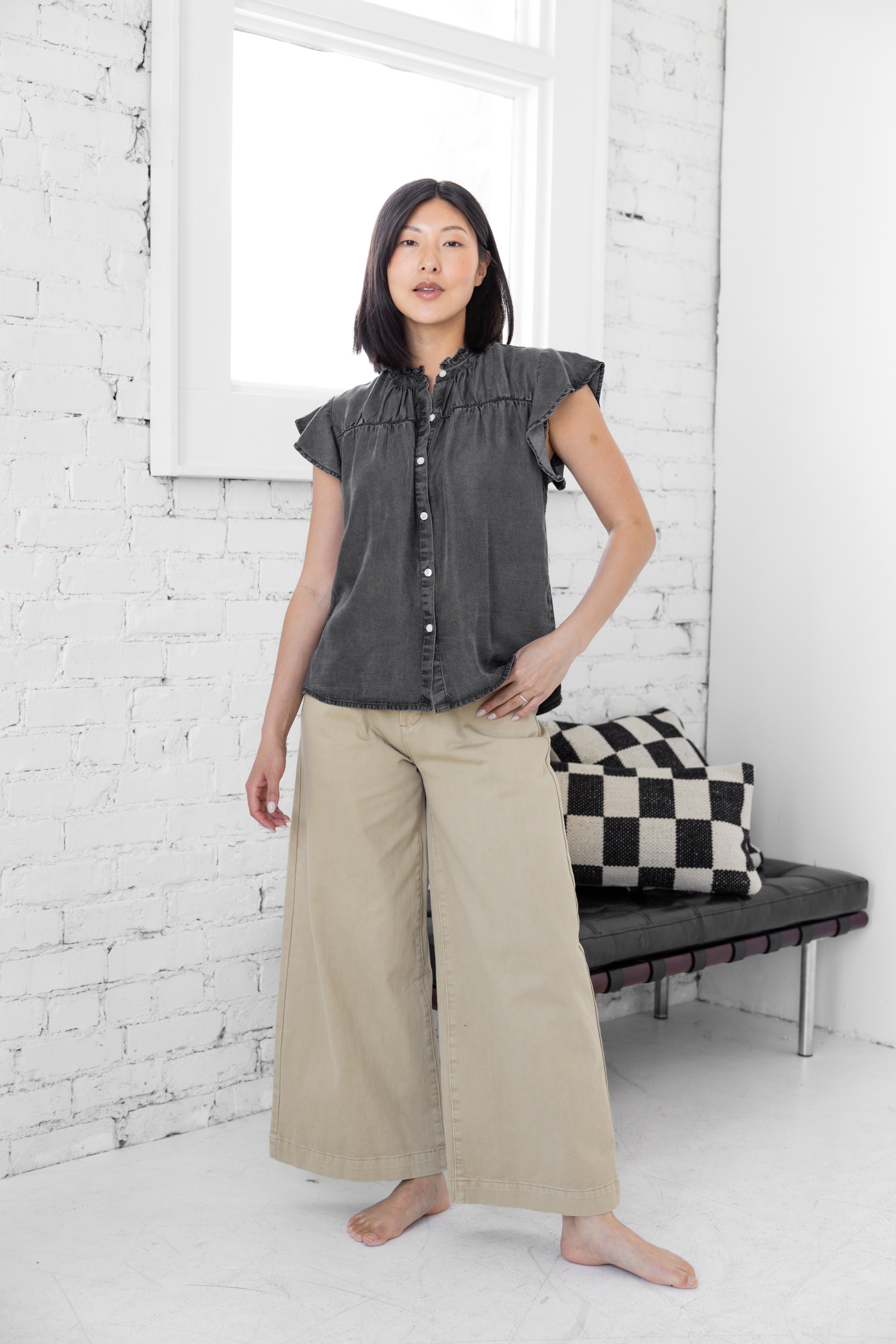 Model is wearing wide leg high rise trousers.
