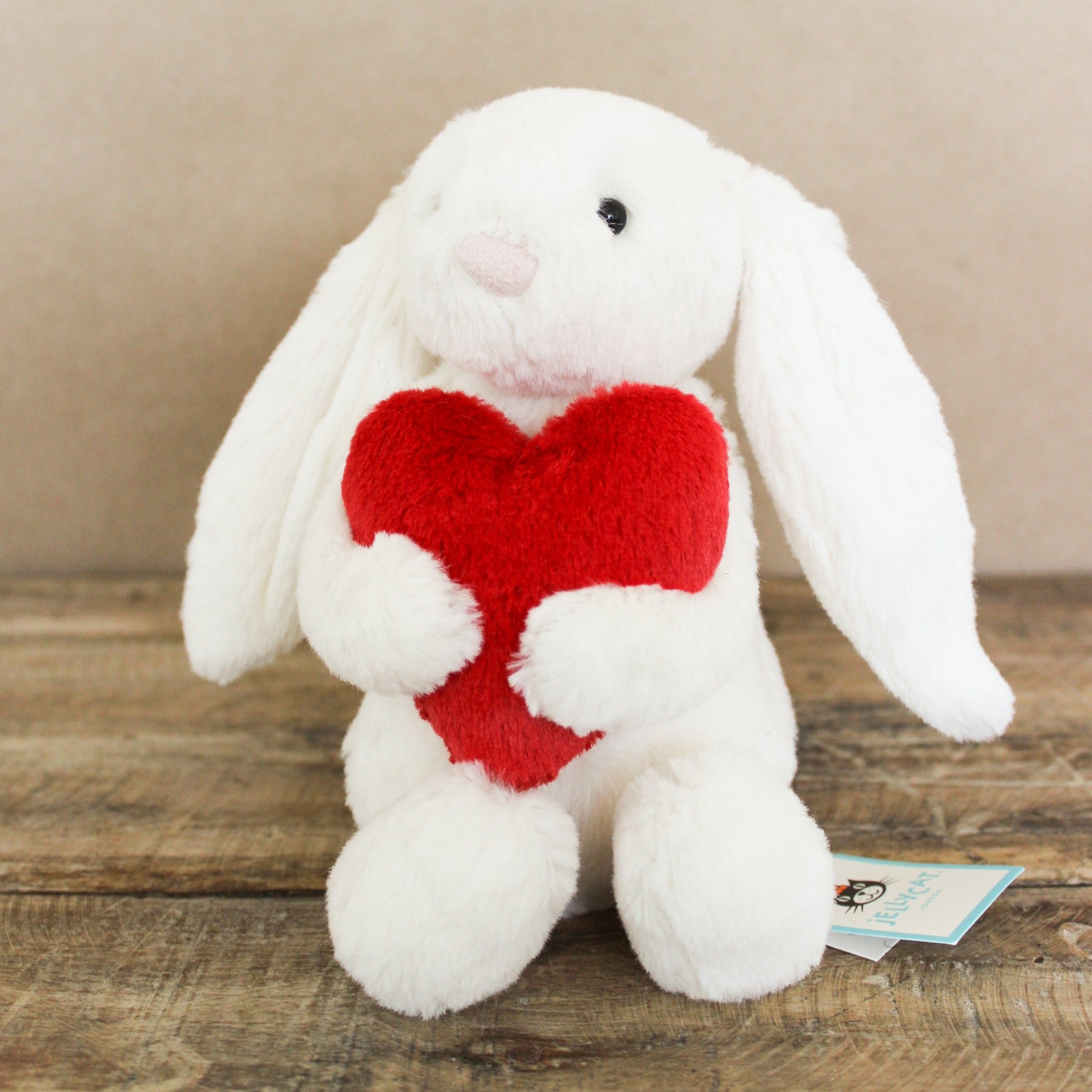 Stuffed bunny with floppy ears and holding a red heart