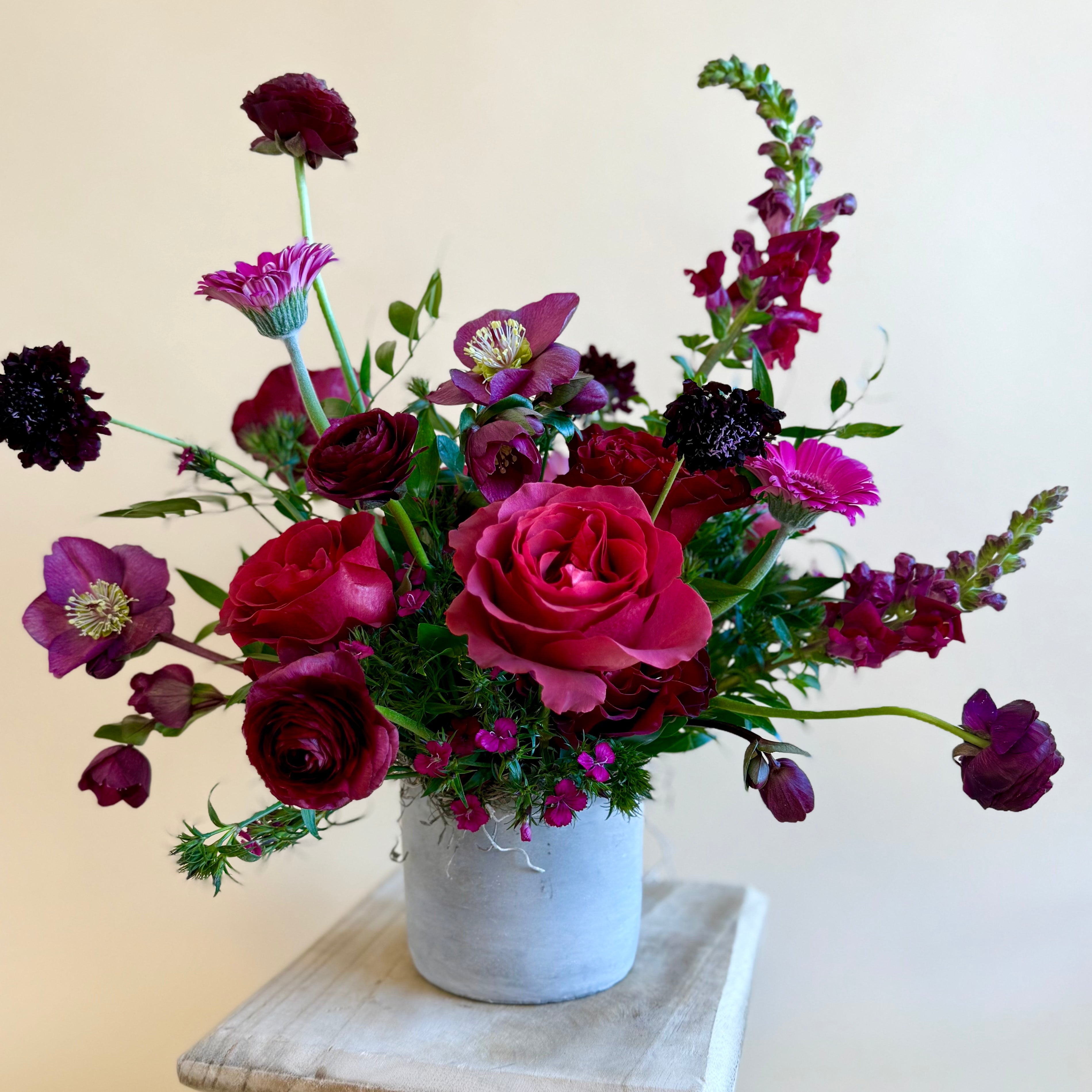 Deep red vase arrangement for valentines day.