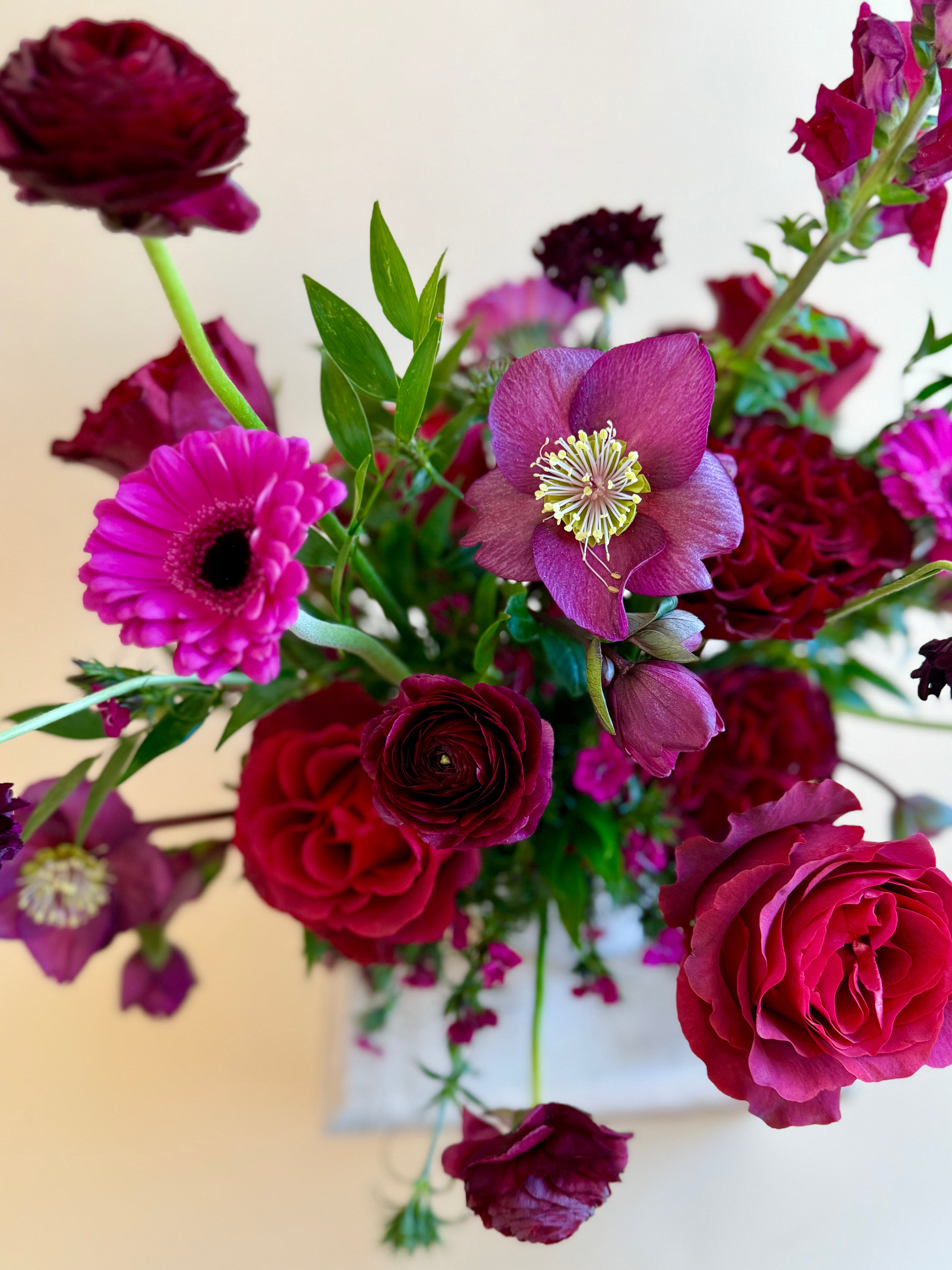 Deep red vase arrangement and loose wrap for valentines day