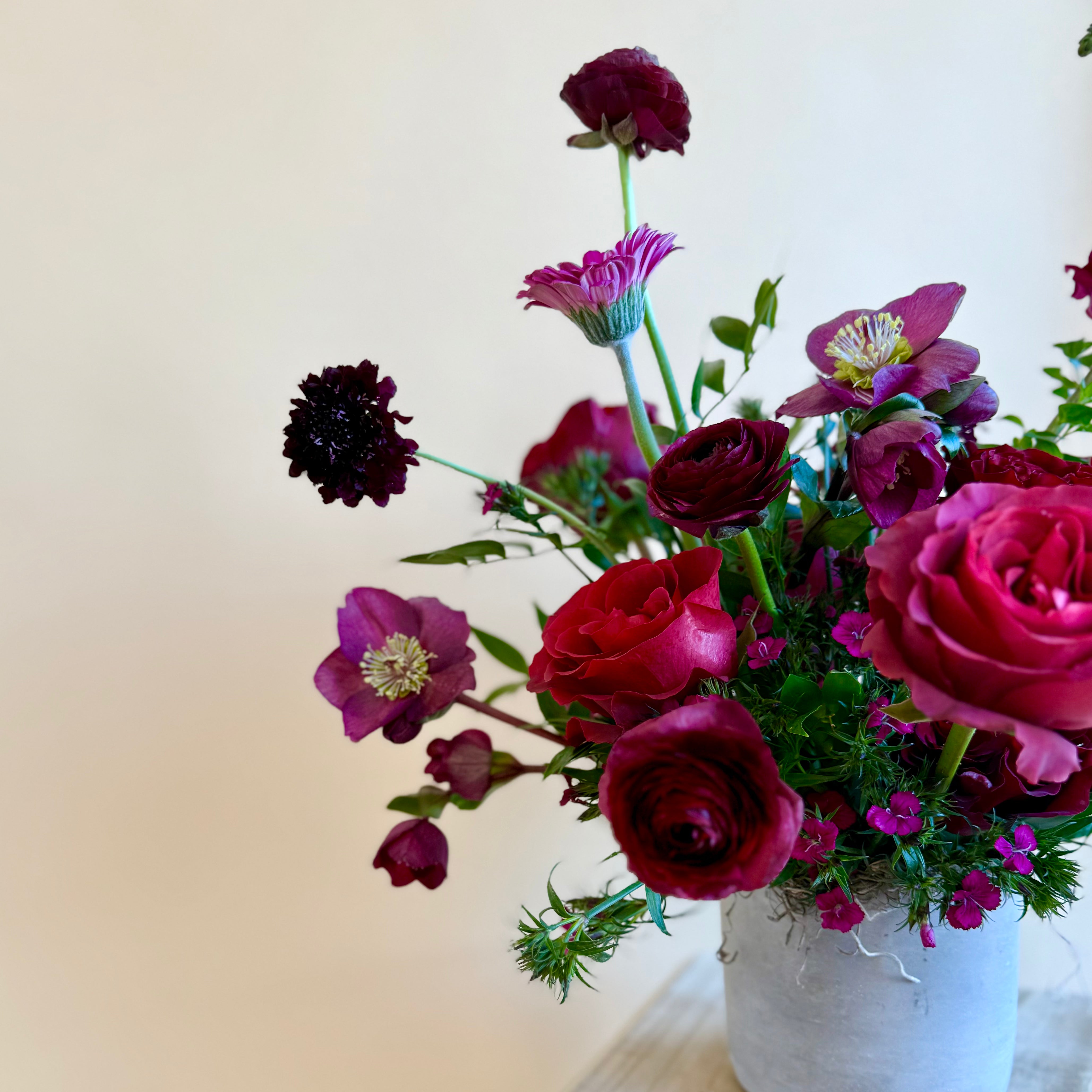 Deep red vase arrangement and loose wrap for valentines day