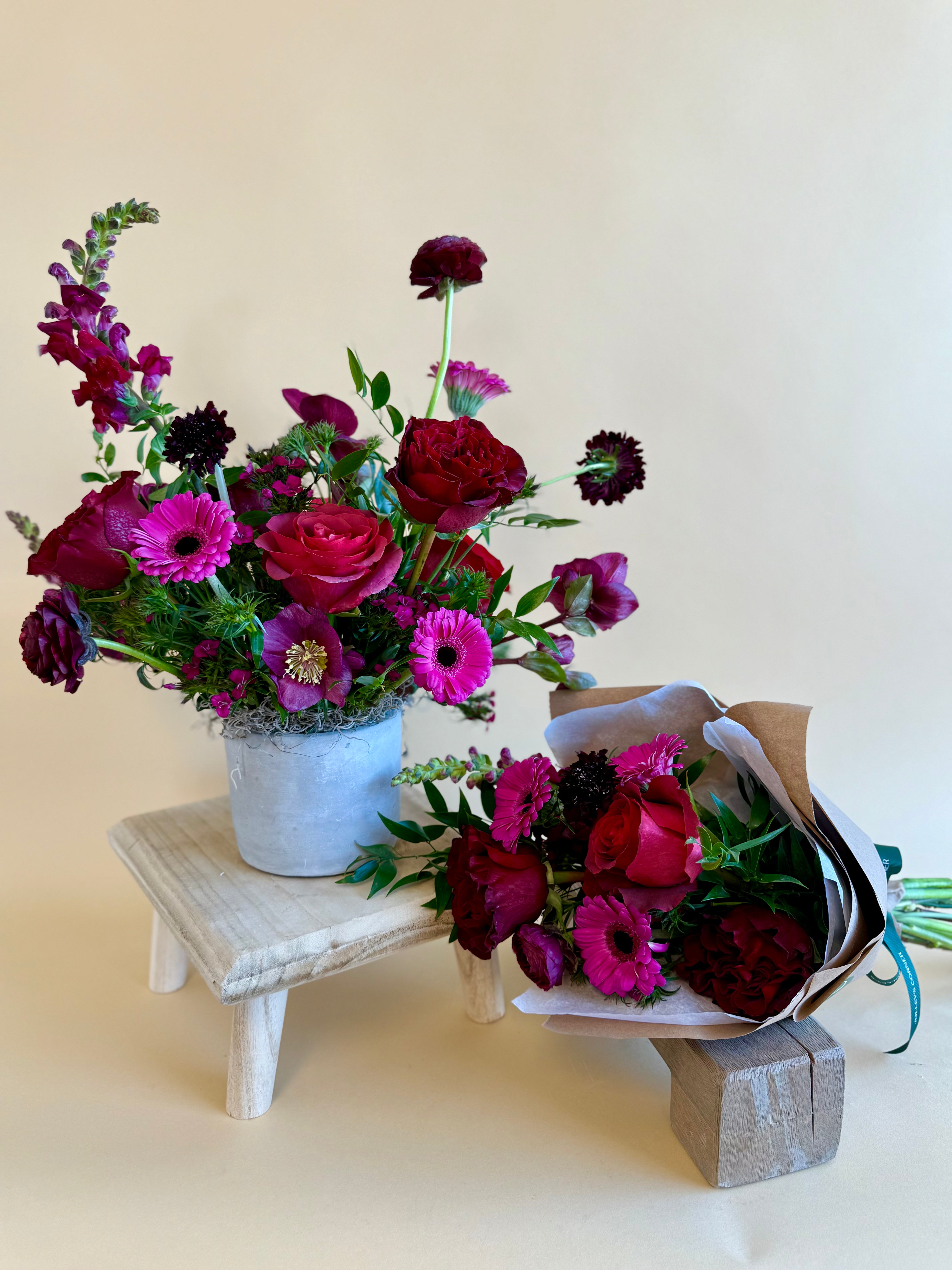 Deep red vase arrangement and loose wrap for valentines day