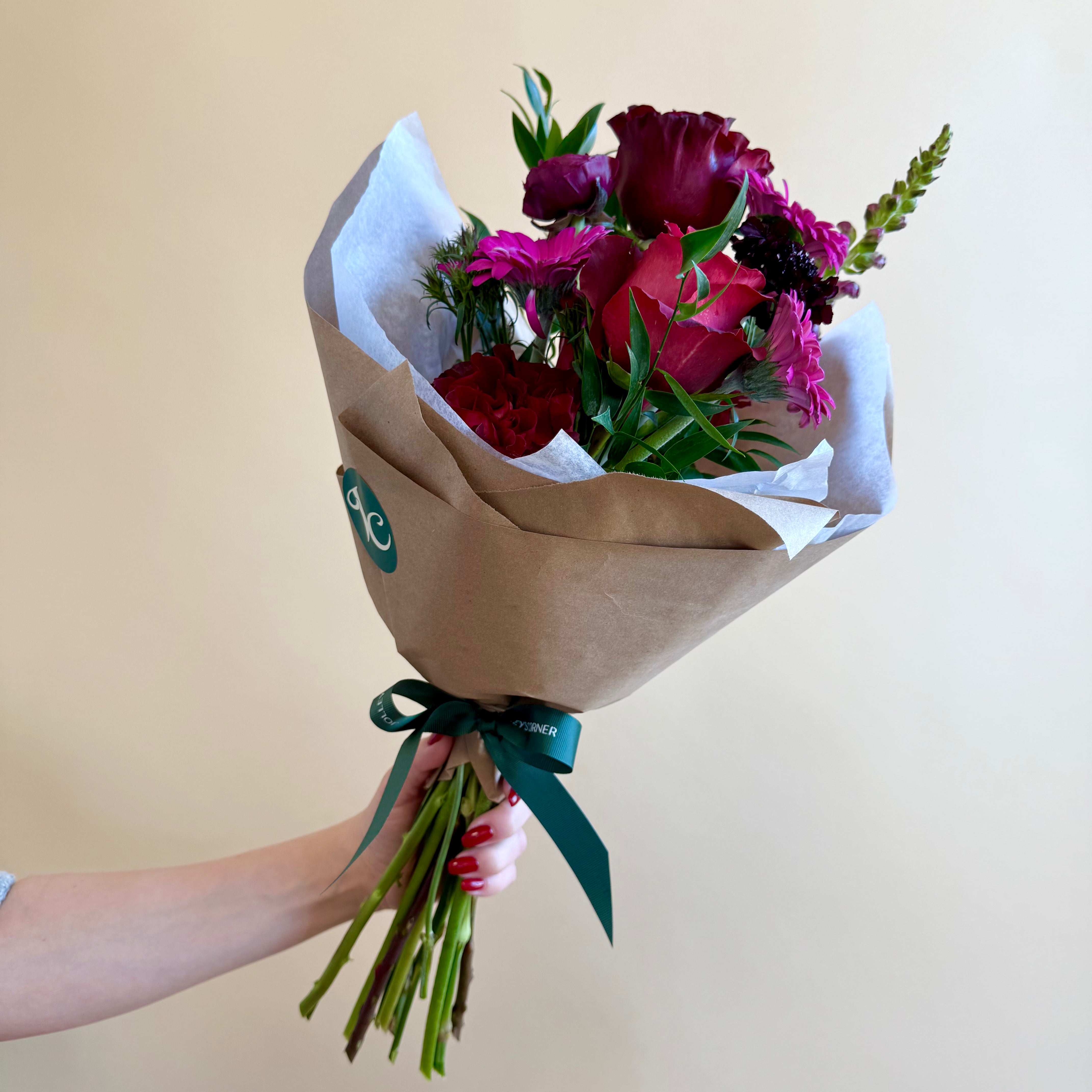 Deep red loose wrap bouquet for valentine's 