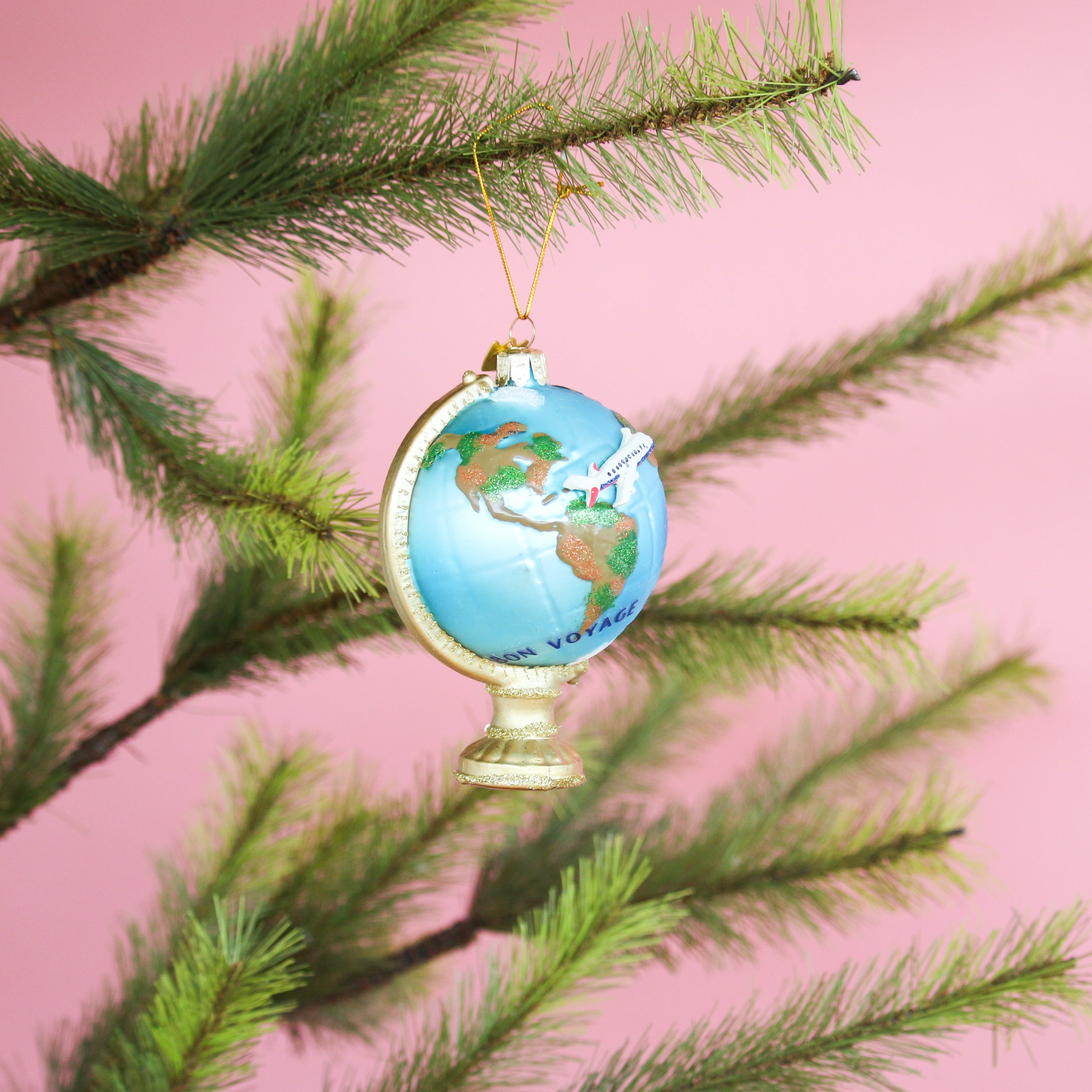Globe with Airplane Glass Ornament