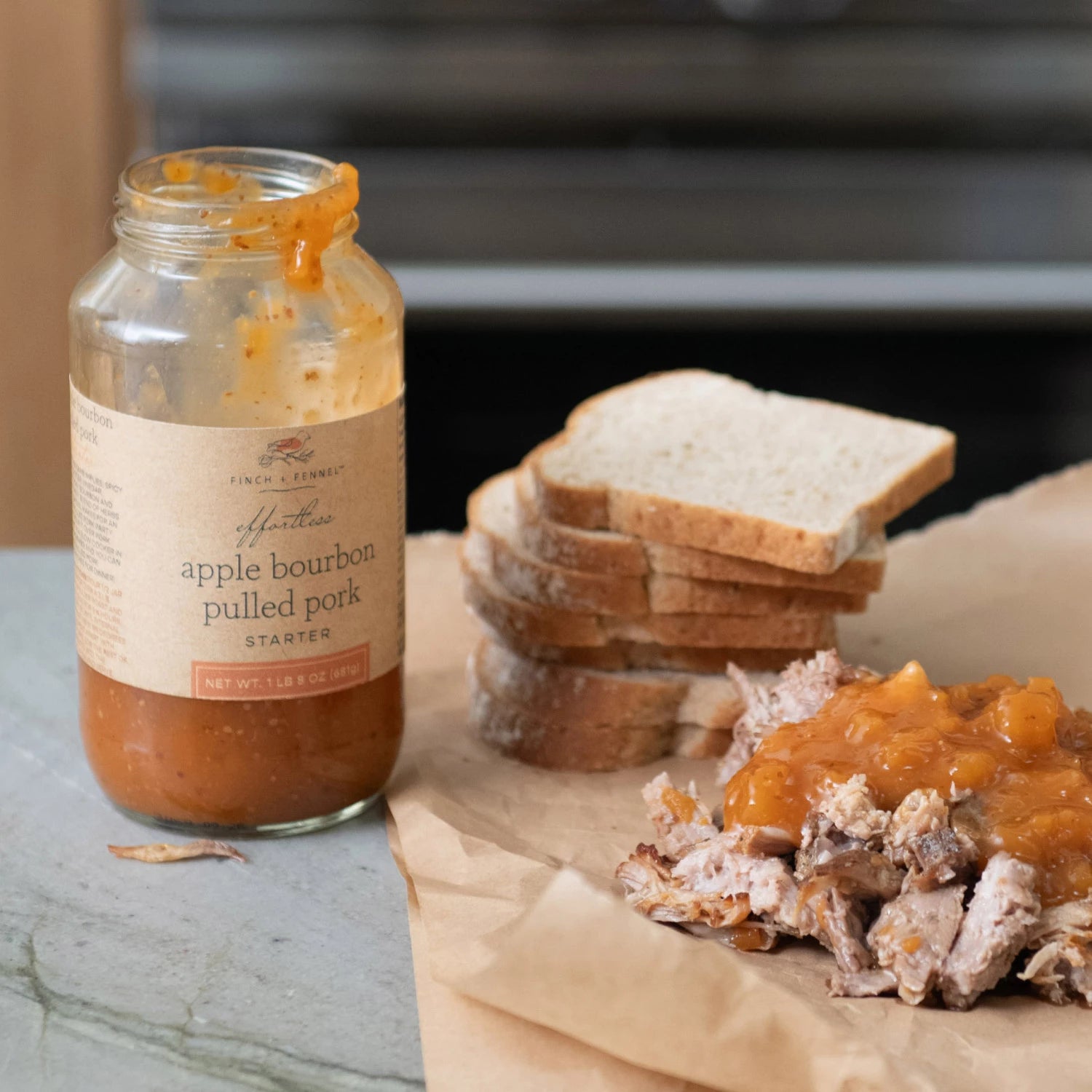 Product shoot of apple bourbon pulled pork starter