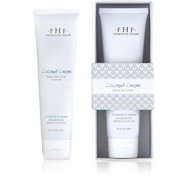 Product shoot of farmhouse fresh coconut cream shea butter hand cream.