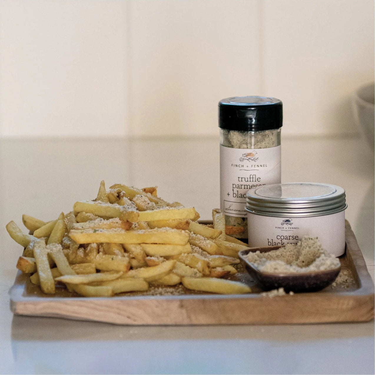 Product shoot of truffle parmesan and black garlic seasoning