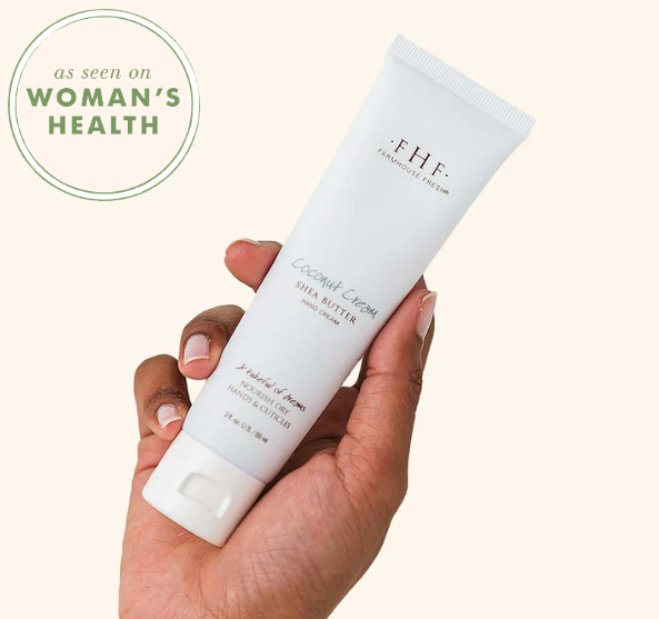 Product shoot of farmhouse fresh coconut cream shea butter hand cream.