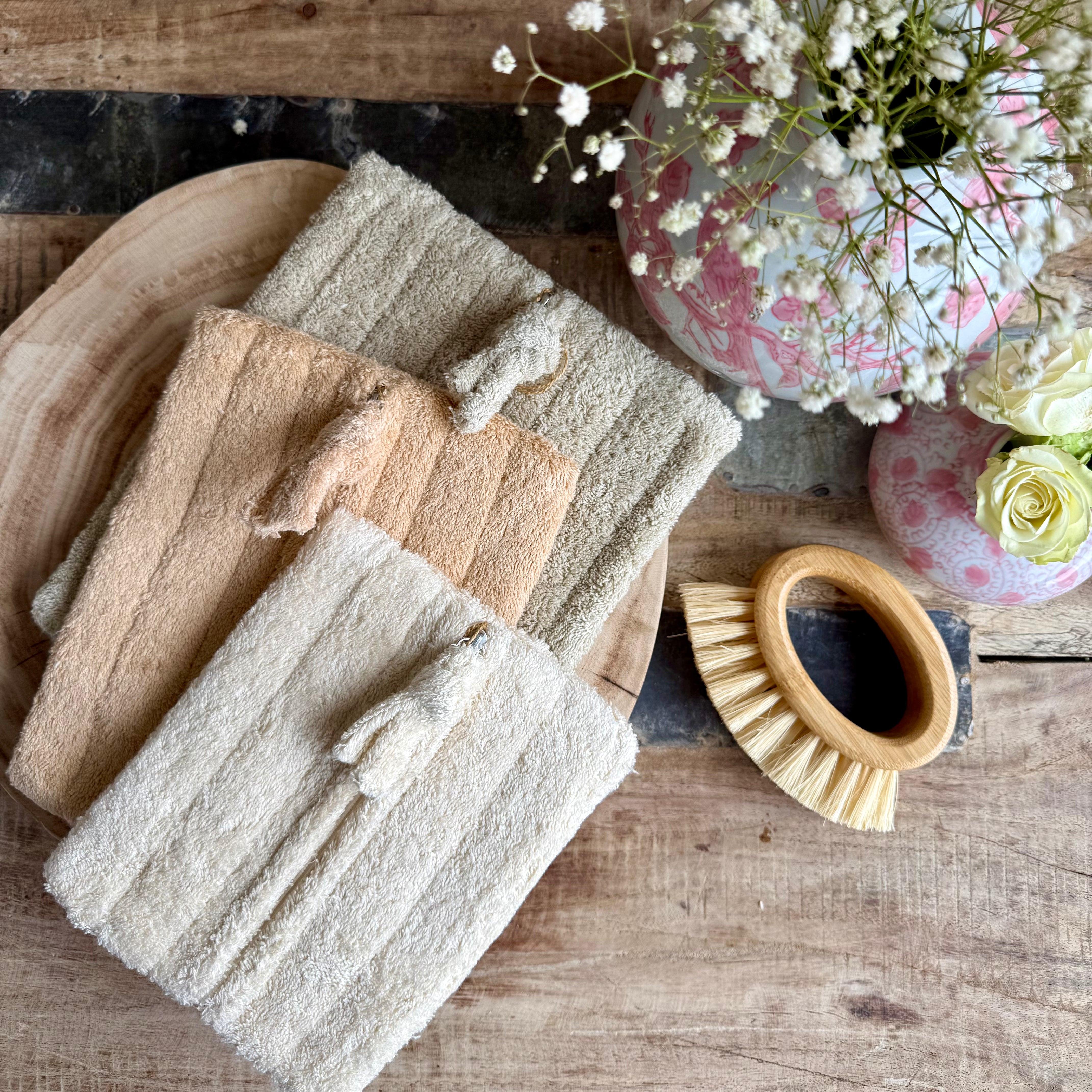 Product shoot of quilted cotton terry zip pouches. 
