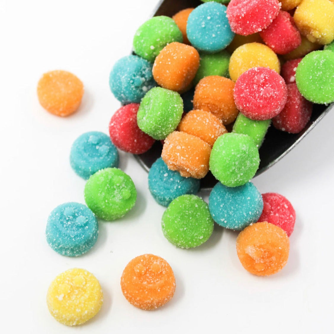 Product shoot of mini sour poppers fruity gummy candy. 