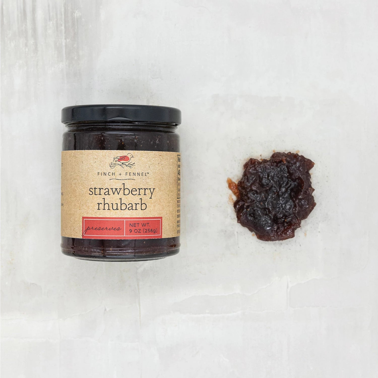 Product shoot of strawberry rhubarb preserves 