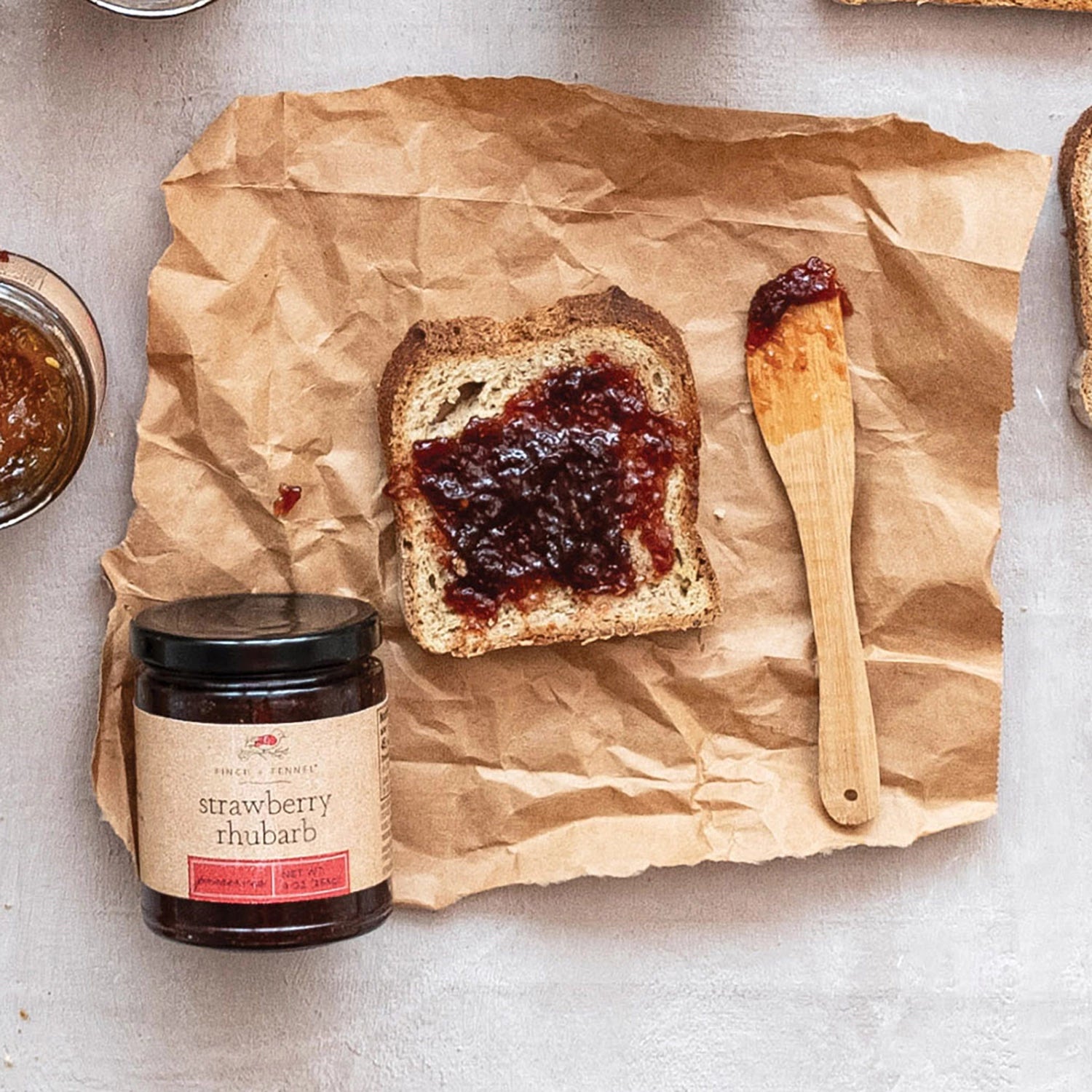 Product shoot of strawberry rhubarb preserves 