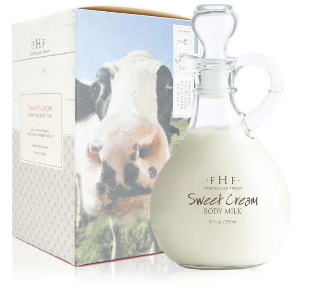 Product shoot of farmhouse fresh sweet cream body milk.