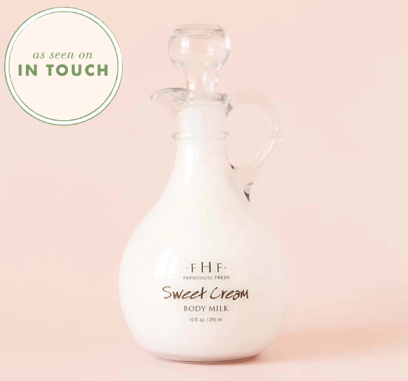 Product shoot of farmhouse fresh sweet cream body milk.