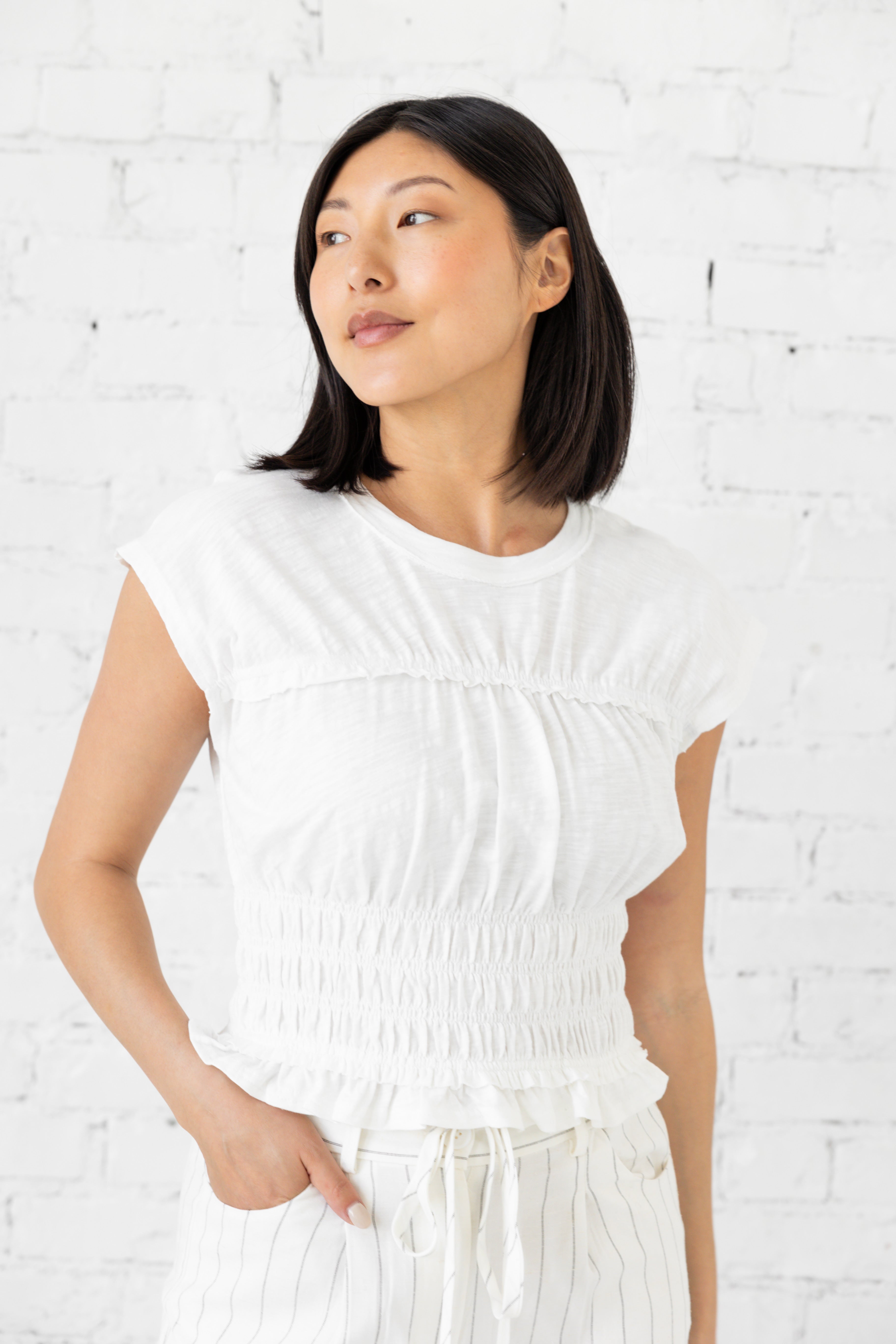 Model is wearing black full length fitted short-sleeve blouse.