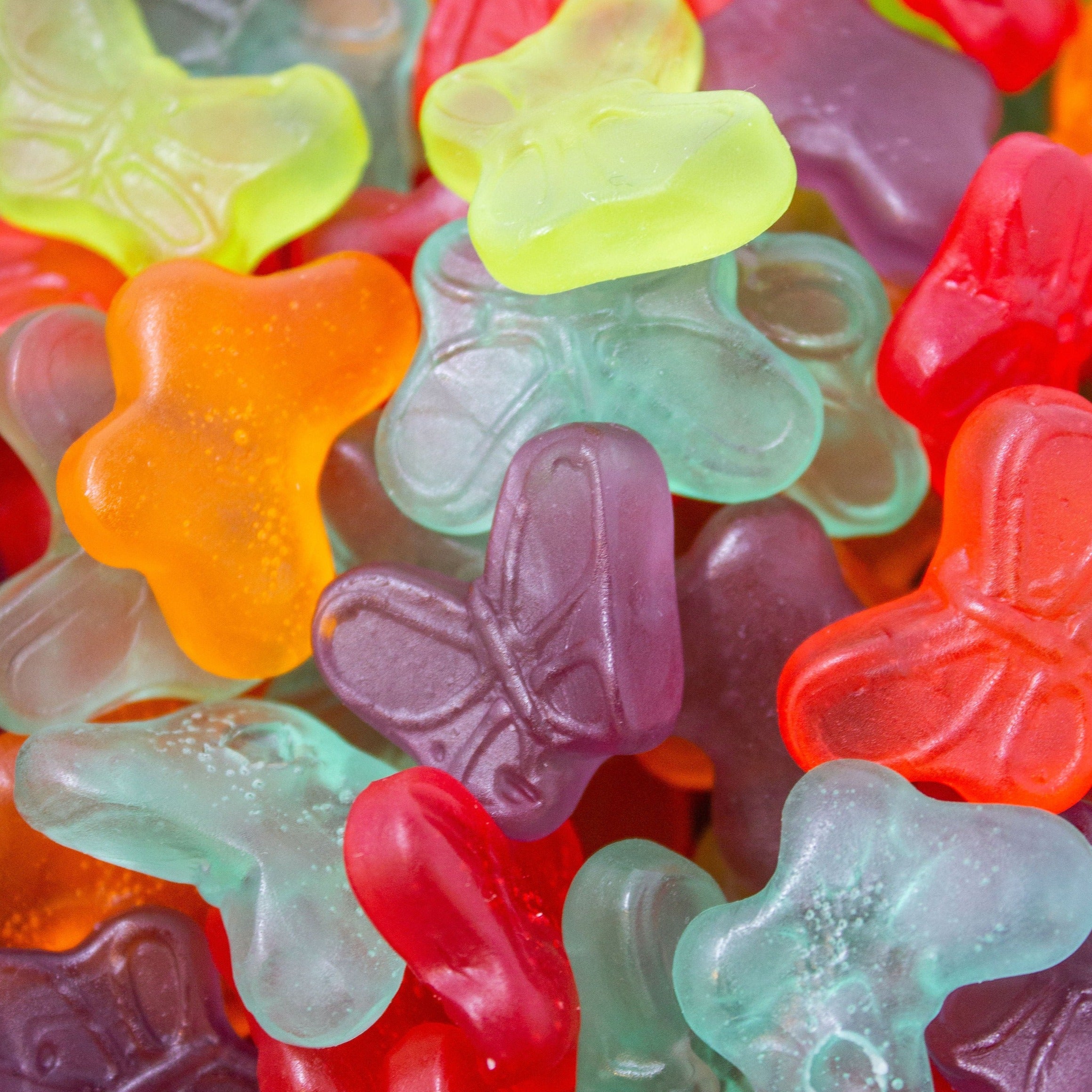 Product shoot of multi colored gummy butterflies. 